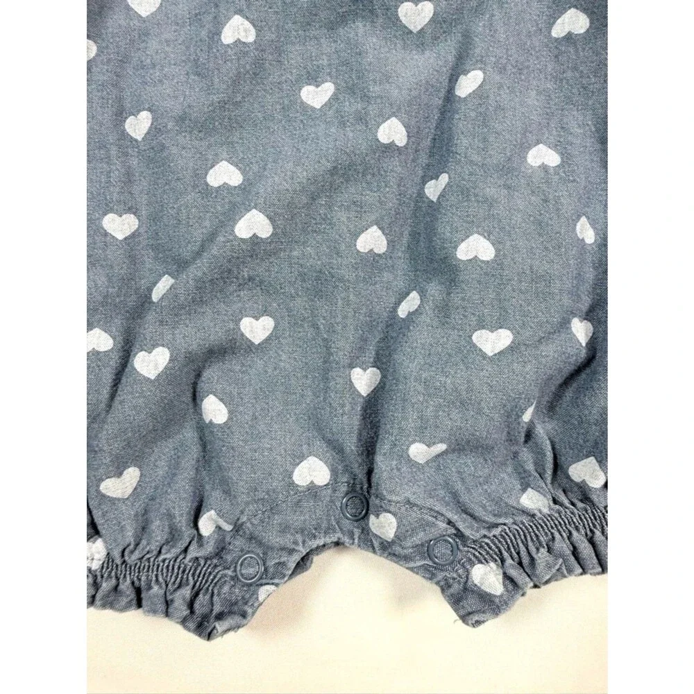 CARTERS Baby Girl Chambray Romper 9M Blue Heart Print Sweet‎ Cottagecore Summer